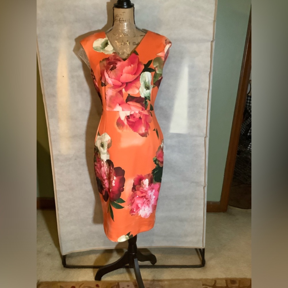 Calvin Klein, Orange floral print shift dress, Sz 10